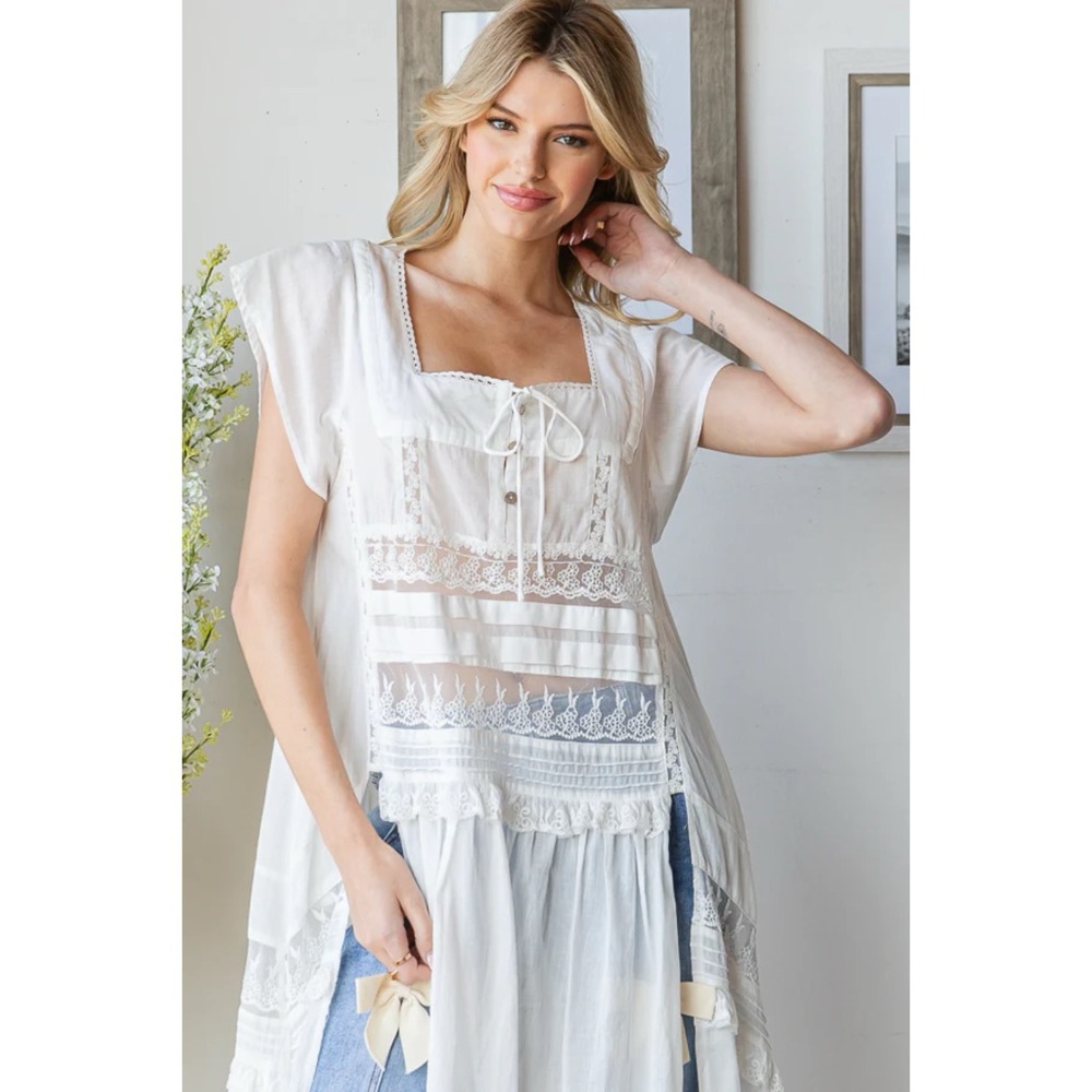 Oli & Hali White Lace Trim Sheer Boho Tunic Blouse - Picture 4 of 7